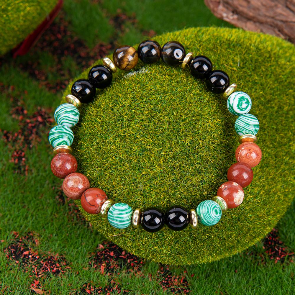 1pc Wealth Attraction Crystal Money Attraction Bracelet With Natural Stones - Malachite, Red Tiger Eye, Redstone, Elastic Fit For Prosperity And Abundance, Ideal Gift For Family And Friends