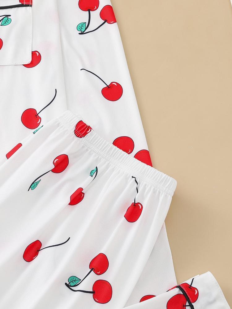 Women's Lemon Fruit Pattern Sleepwear Set, Casual Long Sleeve Button-Down Top & Elastic Pants, Comfortable Home Wear for Spring Fall