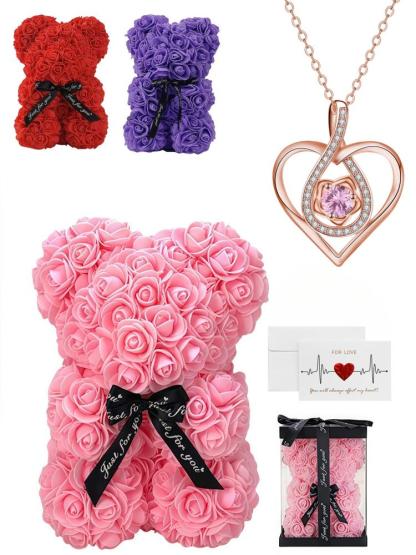 Rose Bear Gift Box, Including Bear Pendant Necklace & Artificial Rose Flower & Greeting Card & Gift Bag, Fashion Gift for Women & Girls
