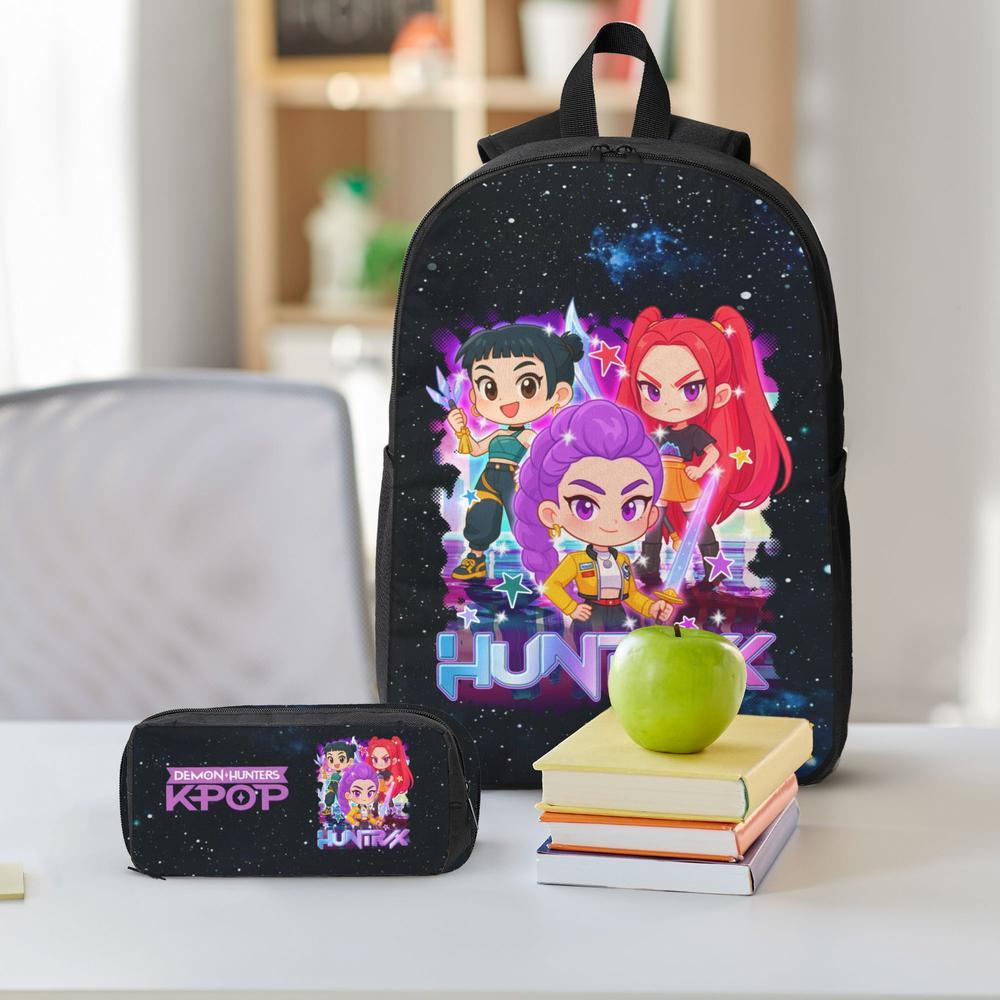 3PCS Functional K-POP Demon Hunters Backpack Set - Black Large Capacity Laptop Schoolbag + Portable Lunch Bag + Pencil Case, Fashionable Bag for Teens Men Women, Perfect for Daily Use & Gift Giving