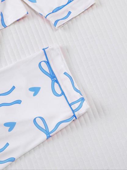 Women's 2-Piece Pajama Set, Bowknot Print, Holiday Party Sleepwear, Soft Shirt Collar Top & Elastic Pants, Casual Home Wear