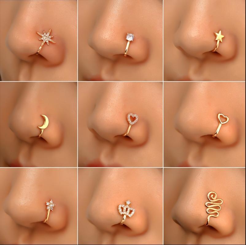 9pcs Nose Ring Jewelry Shape Nose Ring  Copper Non Piercing Nose Rings, U Shape Star Love Crown Nose Clip with Zirconia shape nose nose ring nose ring Punk Rhinestone Clip-On Gold gold  nose protection bracelet cross  septum Stainless Steel Charm
