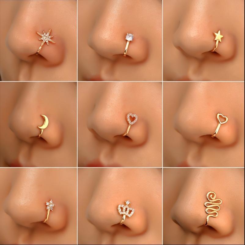 9pcs Nose Ring Jewelry Shape Nose Ring  Copper Non Piercing Nose Rings, U Shape Star Love Crown Nose Clip with Zirconia shape nose nose ring nose ring Punk Rhinestone Clip-On Gold gold  nose protection bracelet cross  septum Stainless Steel Charm