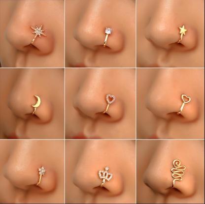 9pcs Nose Ring Jewelry Shape Nose Ring  Copper Non Piercing Nose Rings, U Shape Star Love Crown Nose Clip with Zirconia shape nose nose ring nose ring Punk Rhinestone Clip-On Gold gold  nose protection bracelet cross  septum Stainless Steel Charm