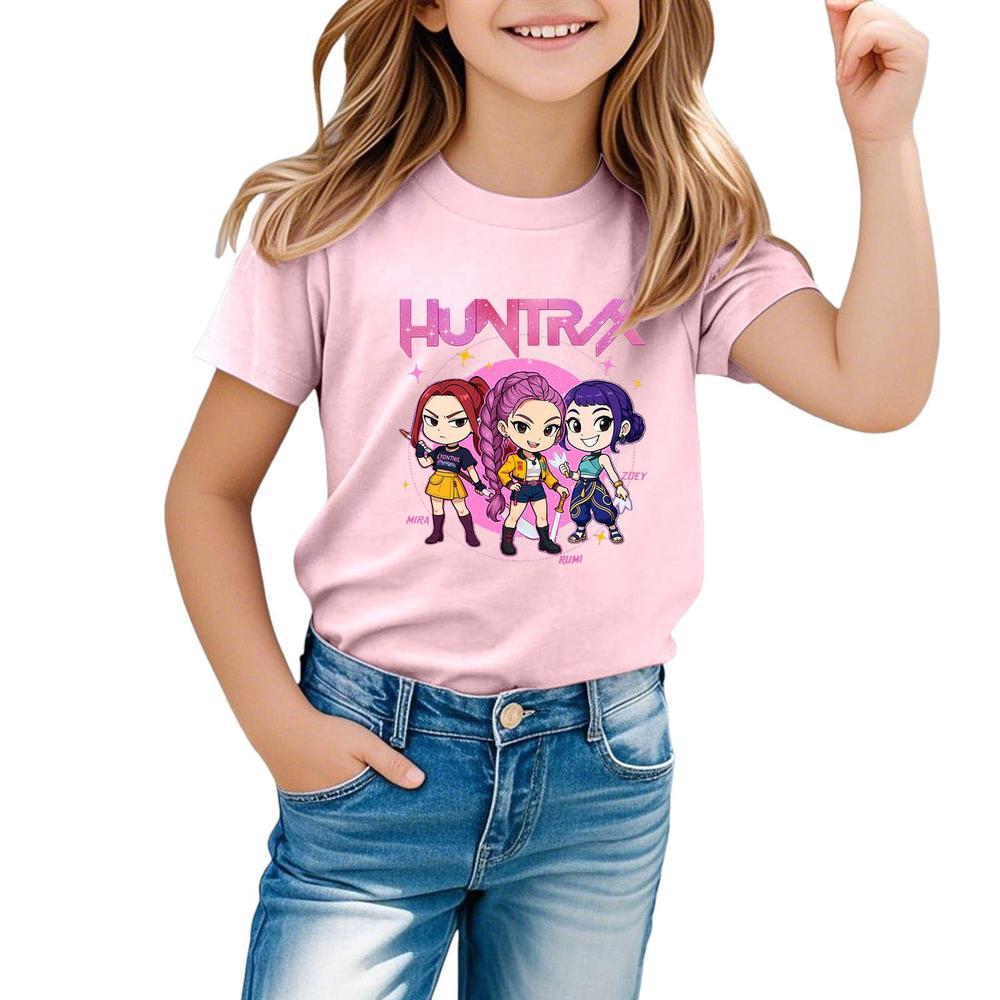 HOT! Kpop Demon Hunters Shirt, Huntrix Girl T-Shirt, Girls Casual Short Sleeve T-Shirts Anime Style Soft Round Neck Tees Comfortable Daily Wear Top for Toddler Teenage Kids