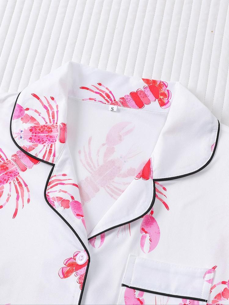Women's 2-Piece Pajama Set, Lobster Print, Casual Loose-Fit Long Sleeve Top & Elastic Pants, Soft Comfortable Sleepwear Loungewear for Fall Winter