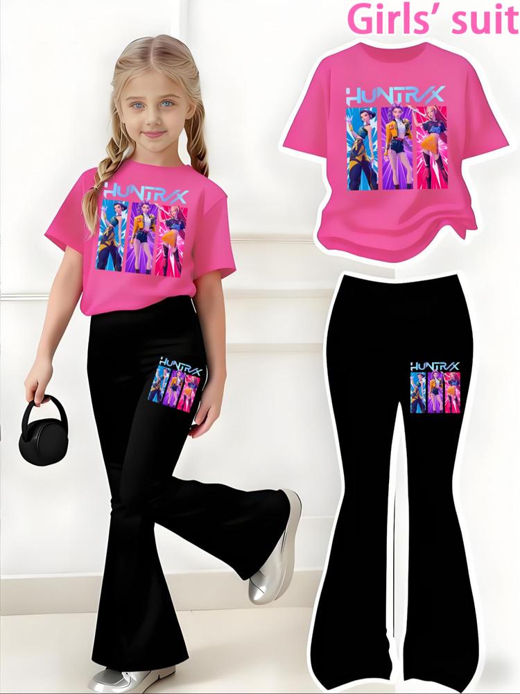 Halloween Christmas Costume Set, Witch Pattern Print 2-Piece Girls Casual Sports Short Sleeve & Bell Bottoms, Youth Trendy Sportswear