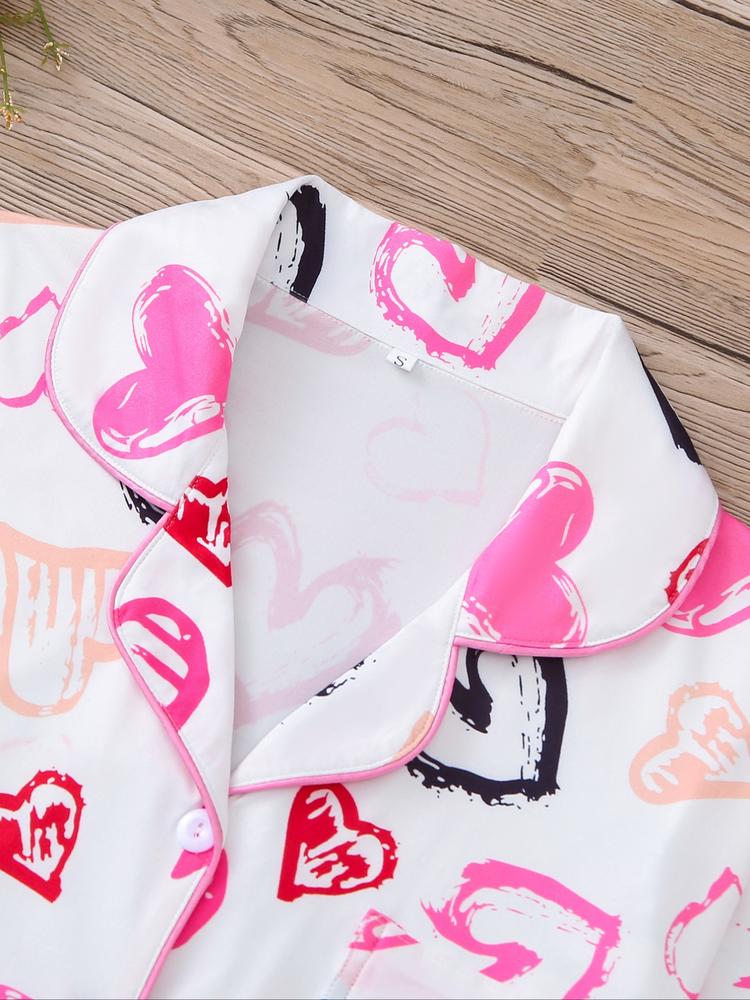 Women's Christmas Pajama Set, Heart Print Long Sleeve Shirt & Elastic Pants, Soft Knit Casual Loungewear Home Wear, Holiday Party Sleepwear