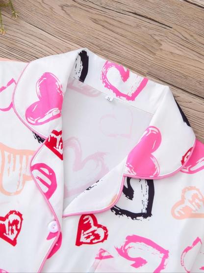 Women's Christmas Pajama Set, Heart Print Long Sleeve Shirt & Elastic Pants, Soft Knit Casual Loungewear Home Wear, Holiday Party Sleepwear