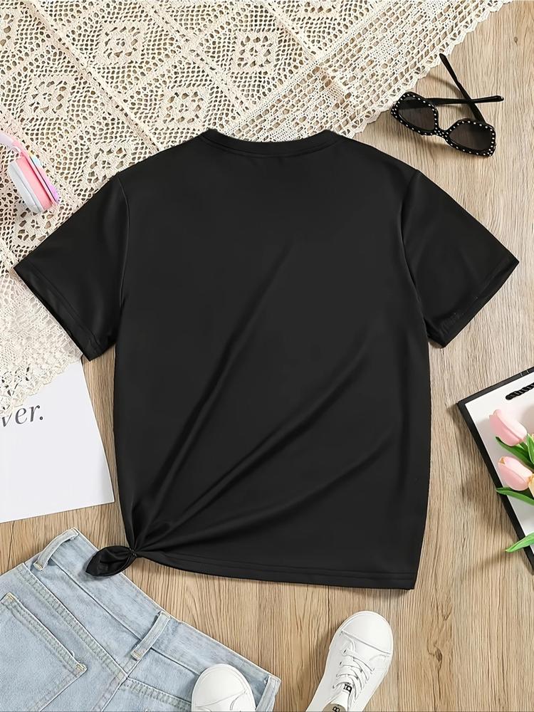 Girls Summer Fashion Cappuccino Coffee Print Short Sleeve T-Shirt, Funny Graphic Tee, Casual Outdoor Wear, Comfortable Fit, Moderate Fabric Thickness