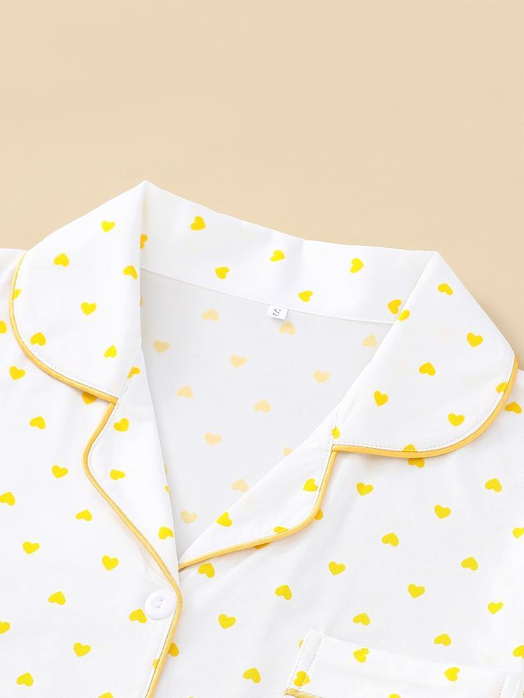 Women's Sleepwear Set, Heart Pattern, Elegant Casual, Comfortable Lapel Short Sleeve Top & Wide Leg Pants, Holiday Party Wear