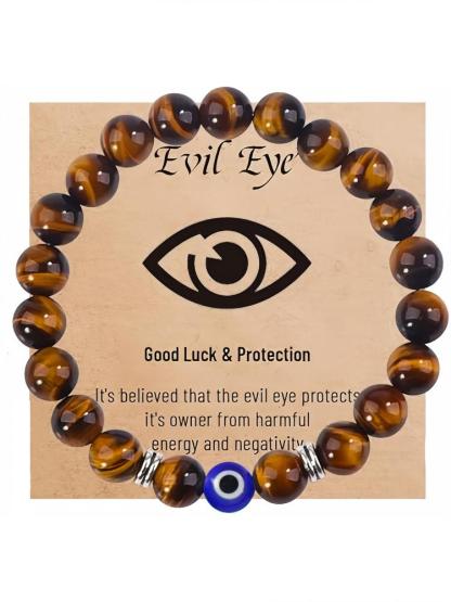 1PC Handmade Natural Stone Bracelet with Evil Eye Pendant, Vintage Bohemian Style Jewelry Gift Set with Good Luck Card Included