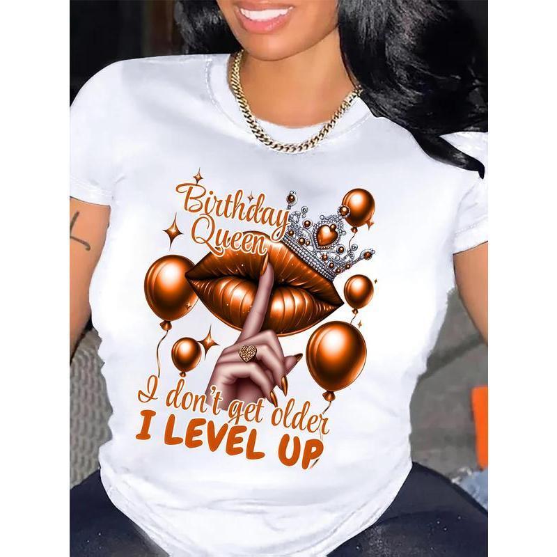 Queen's Birthday Queen Pattern T-shirt Casual round-neck T-shirt with balloon and lip print, suitable for all seasons, Allseason Top Fashion