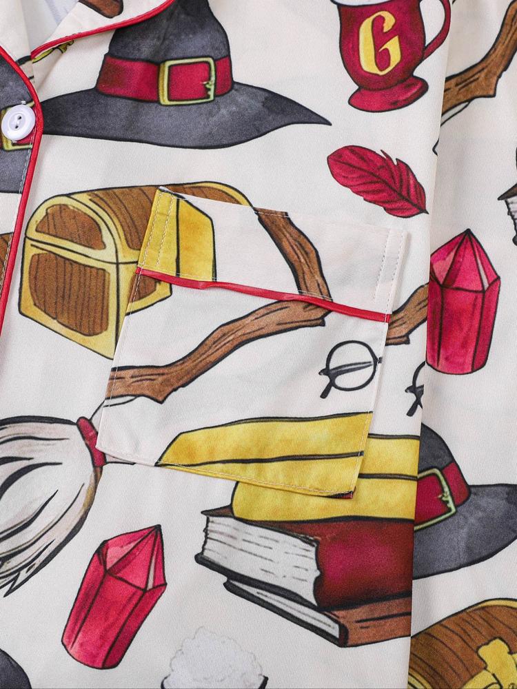 Women's 2-Piece Pajama Set, Magic Theme All-Over Print, Soft Shirt Collar Top & Elastic Pants, Casual Home Wear for Fall Winter