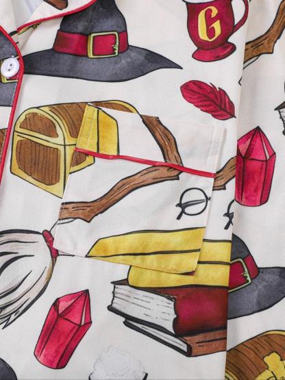 Women's 2-Piece Pajama Set, Magic Theme All-Over Print, Soft Shirt Collar Top & Elastic Pants, Casual Home Wear for Fall Winter