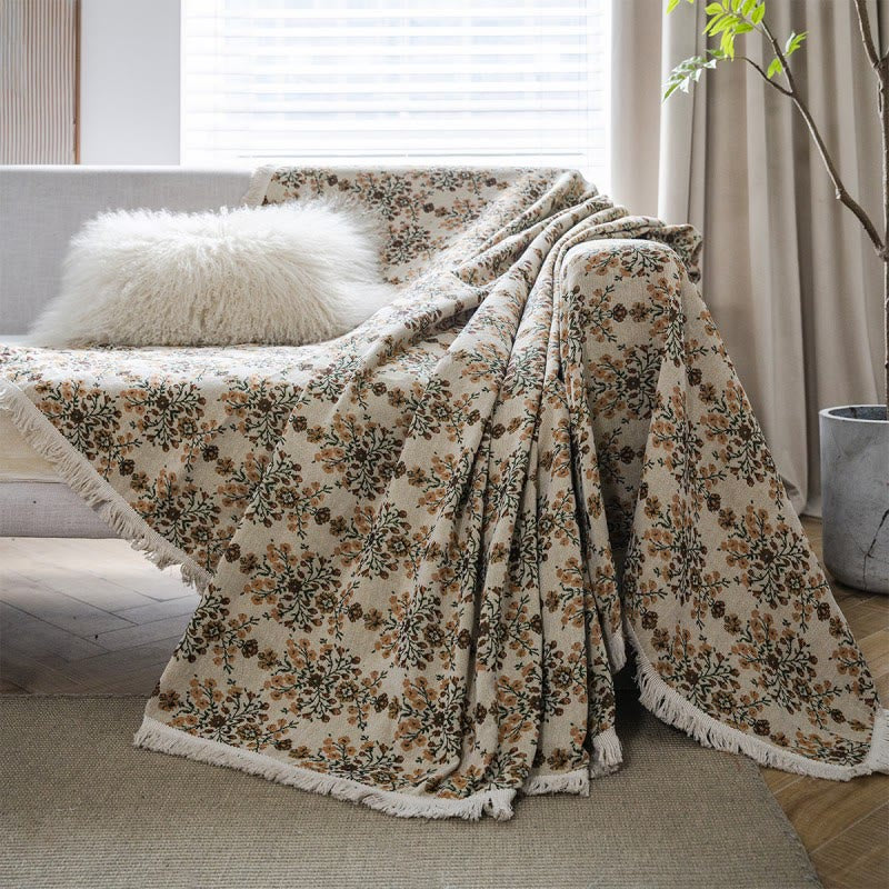 Plum Flower Jacquard Tassel Sofa Protector - Beige - 71"x 149" - image 0