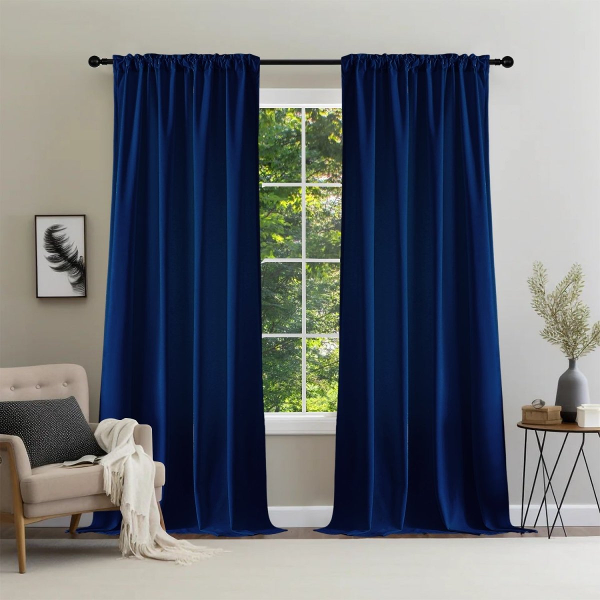 Royal blue velvet blackout curtains with rod pocket, soft texture, thermal insulation, elegant home decor.