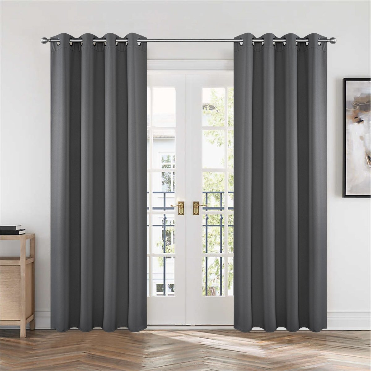 Dark grey polyester blackout curtains, grommet top, thermal insulated, for living room & bedroom French doors.