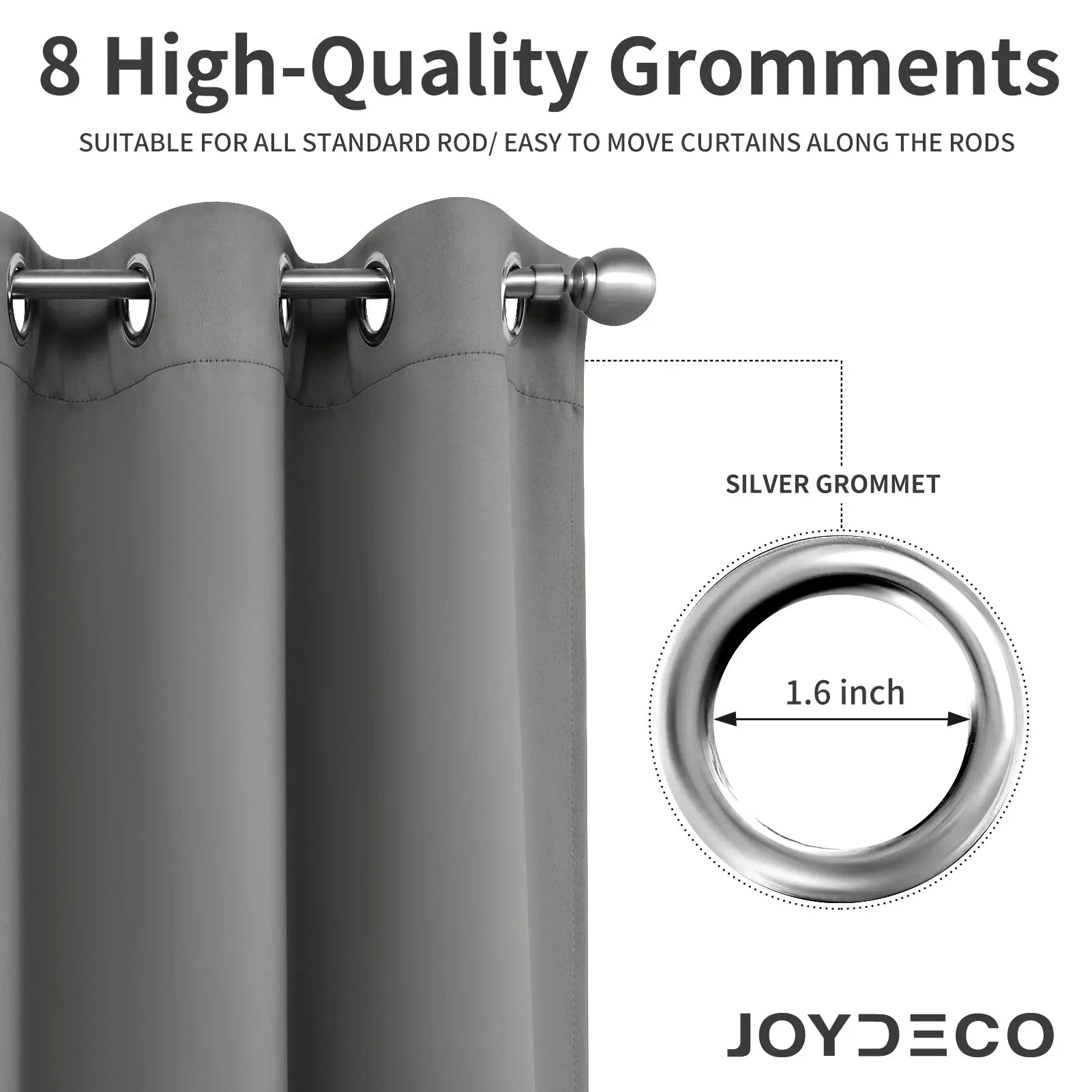 Joydeco grey blackout curtains with 8 silver grommets, 1.6 inch inner diameter, for standard curtain rods.