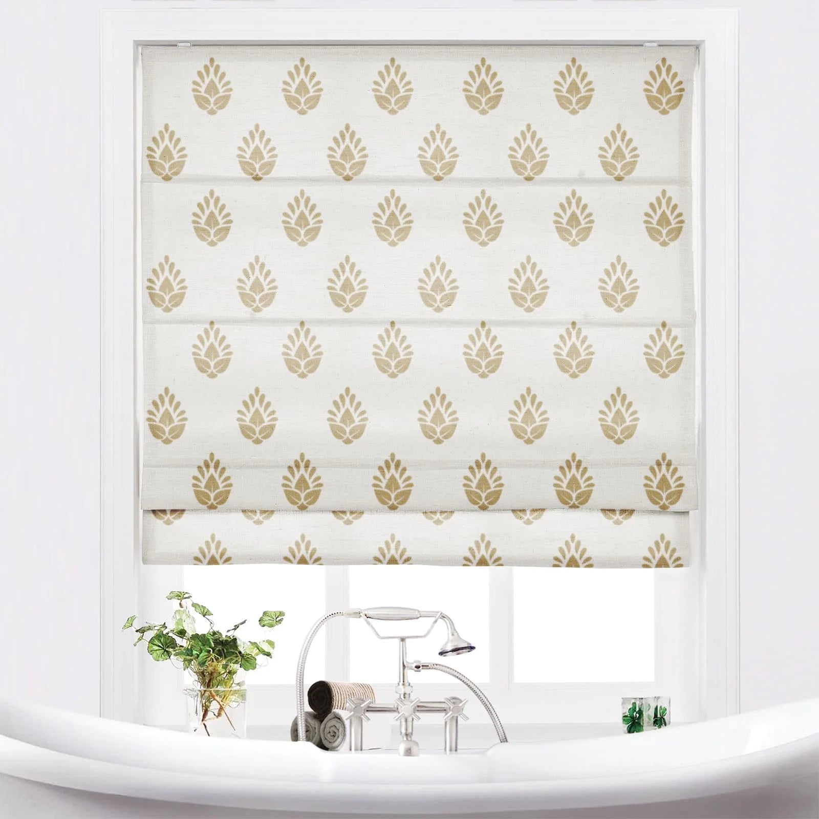 Stefana Silber Printed Cordless Roman Shade-Wooden Headrail TWOPAGES