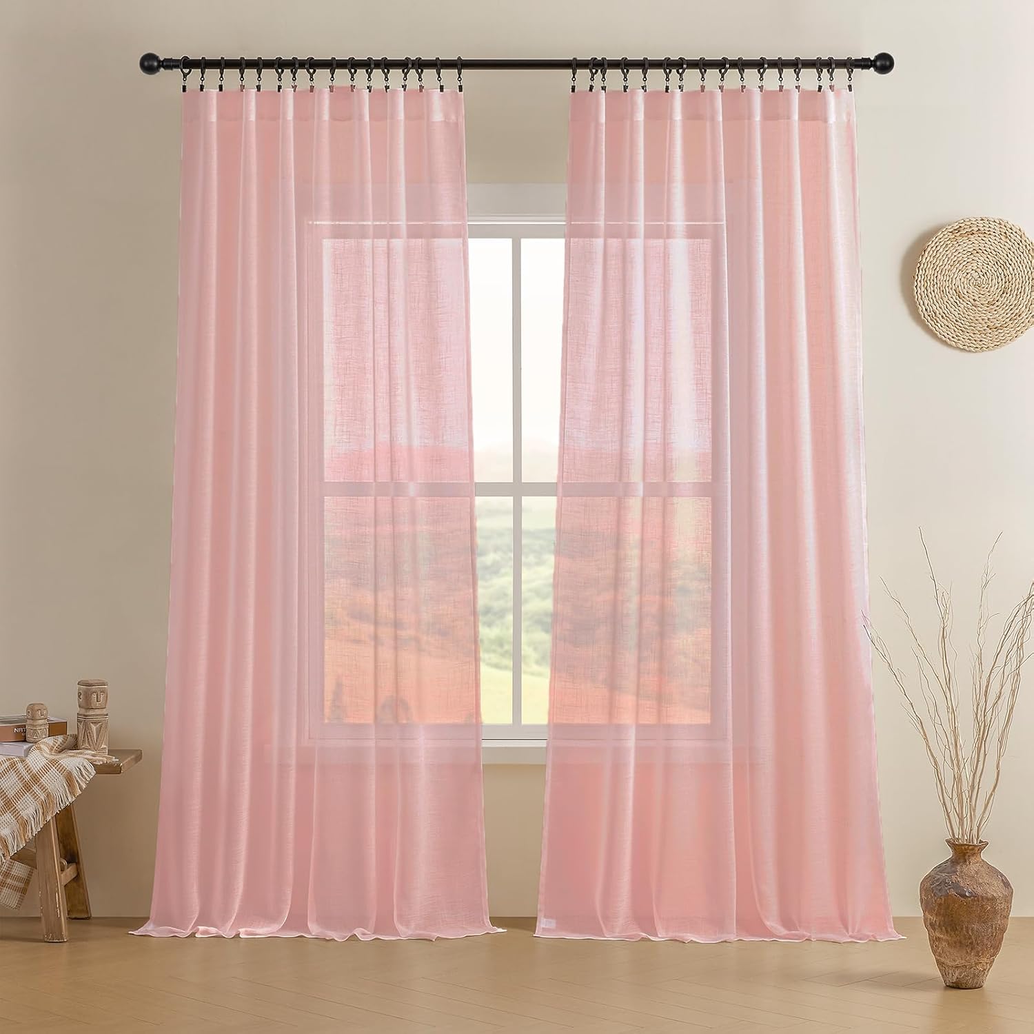 Joydeco 108 inch tapioca beige sheer curtains with linen texture, 2 panels for living room light filtering and privacy.