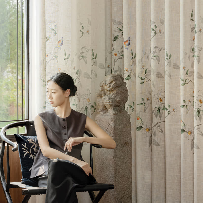 Bird and Plant Print Sheer Linen Gauze Curtains – Lightweight Decorative Window Drapes