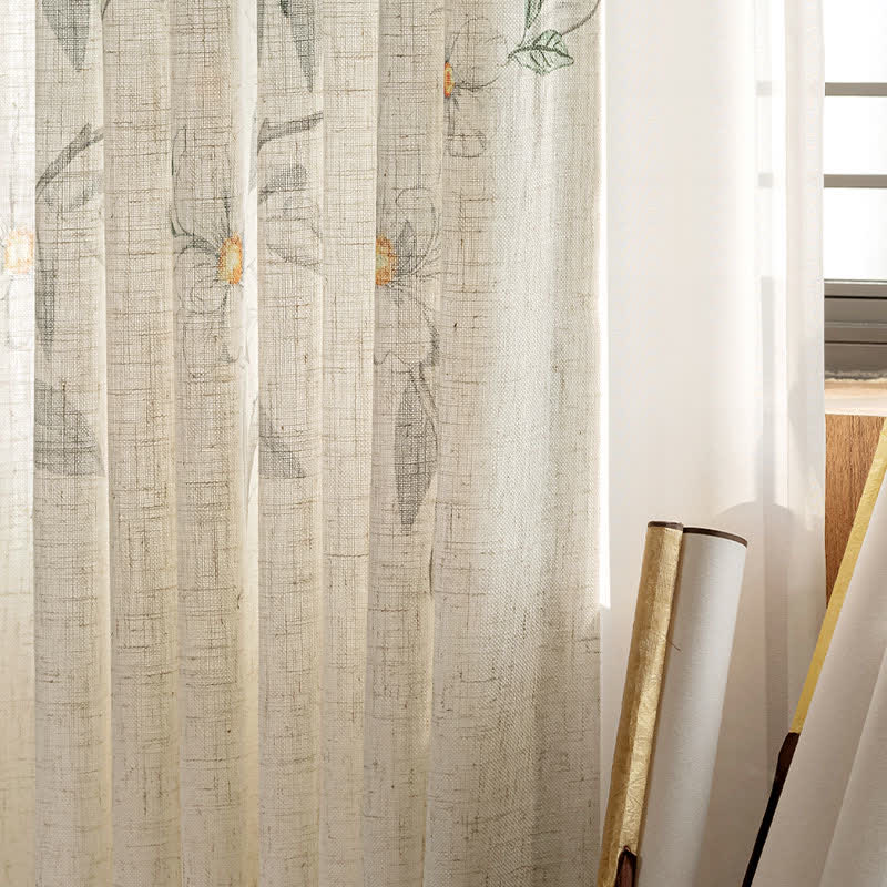 Bird and Plant Print Sheer Linen Gauze Curtains – Lightweight Decorative Window Drapes