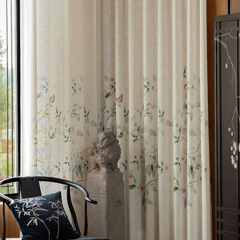 Bird and Plant Print Sheer Linen Gauze Curtains – Lightweight Decorative Window Drapes