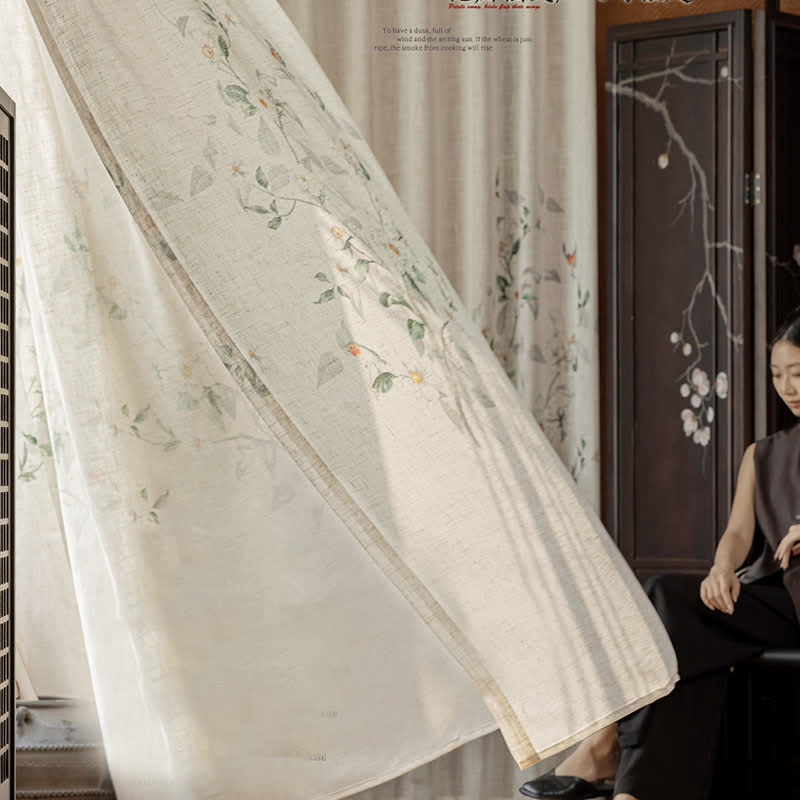 Bird and Plant Print Sheer Linen Gauze Curtains – Lightweight Decorative Window Drapes