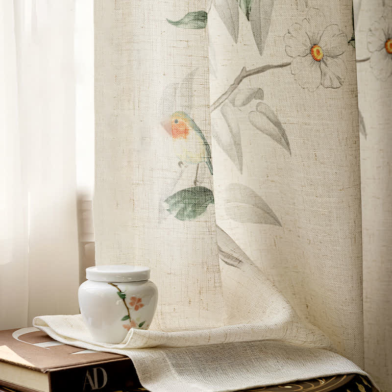Bird and Plant Print Sheer Linen Gauze Curtains – Lightweight Decorative Window Drapes