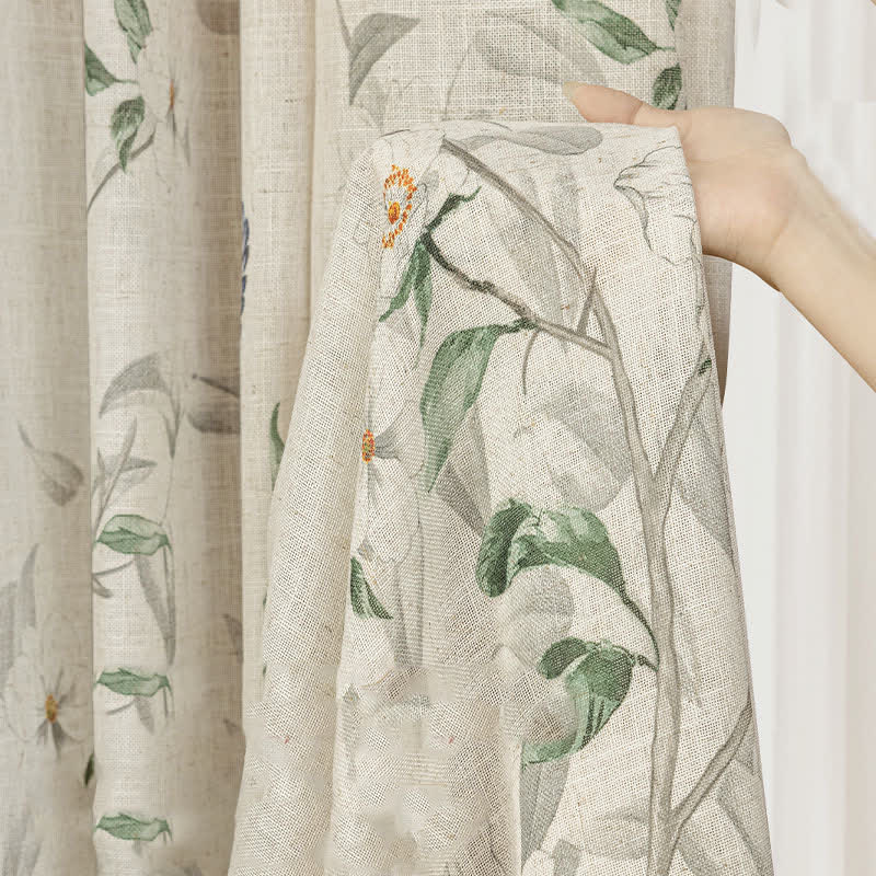 Bird and Plant Print Sheer Linen Gauze Curtains – Lightweight Decorative Window Drapes
