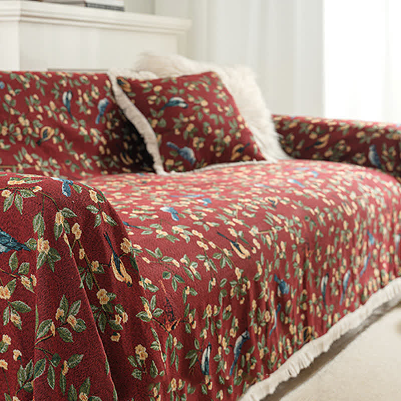 Tassel Floral Bird Soft Sofa Protector