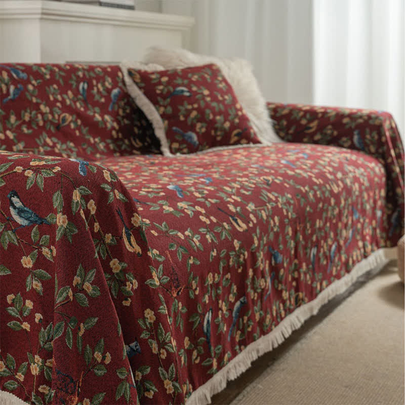 Tassel Floral Bird Soft Sofa Protector