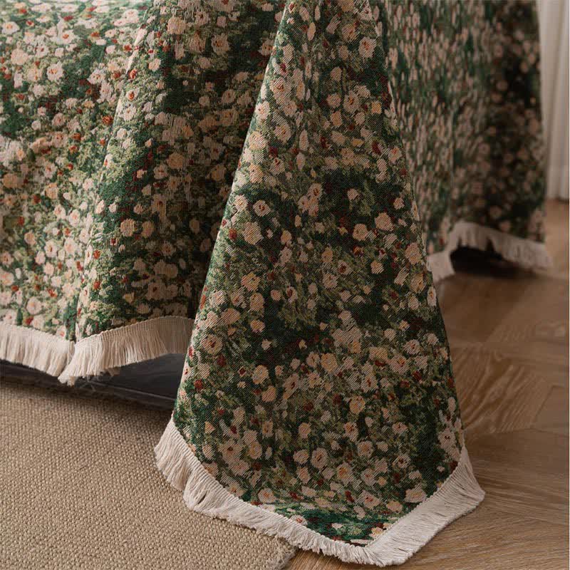 Green Floral Farmhouse Sofa Cover with Decorative Tassels