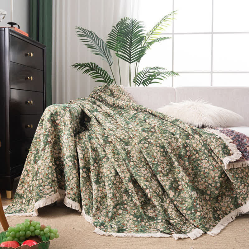 Green Floral Farmhouse Sofa Cover with Decorative Tassels