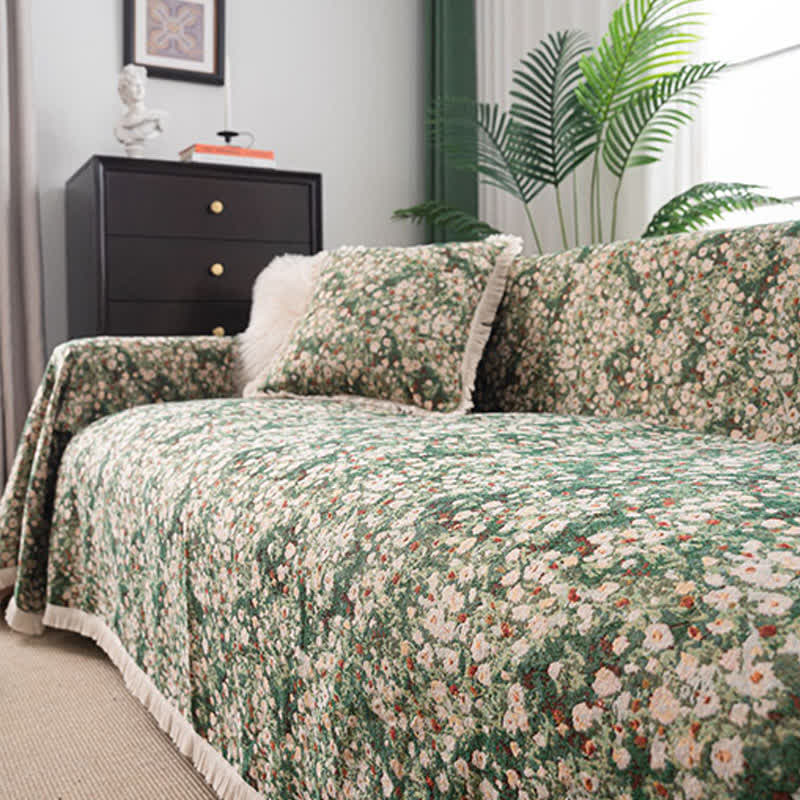 Green Floral Farmhouse Sofa Cover with Decorative Tassels