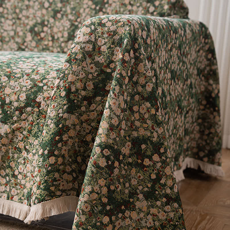 Green Floral Farmhouse Sofa Cover with Decorative Tassels