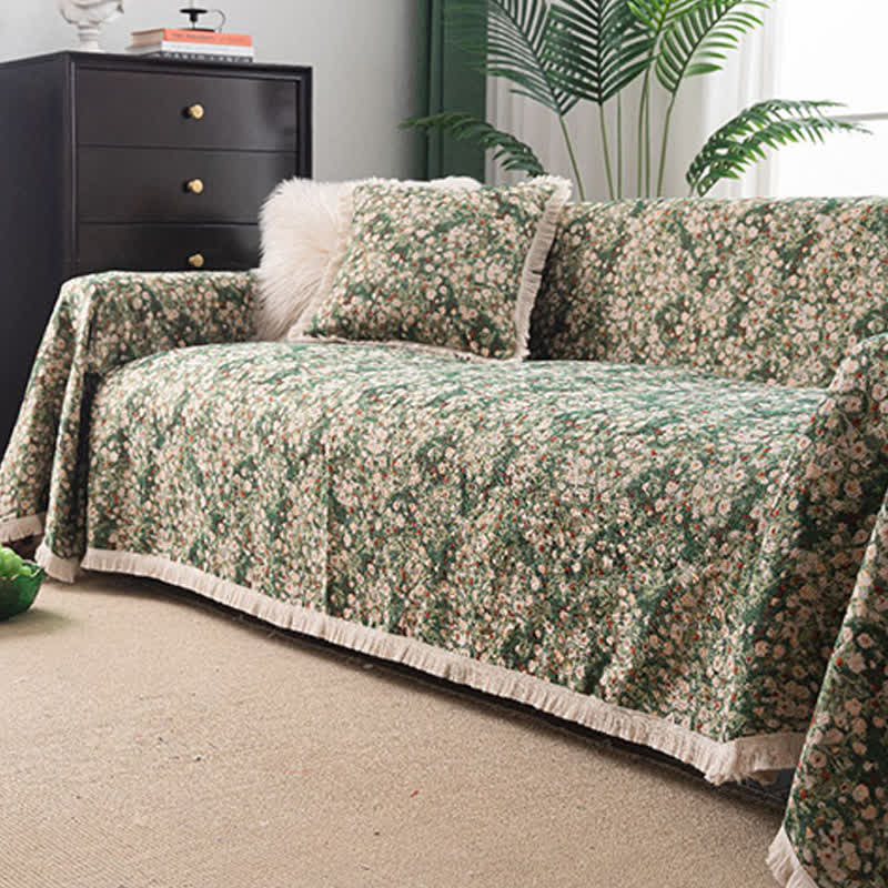 Green Floral Farmhouse Sofa Cover with Decorative Tassels