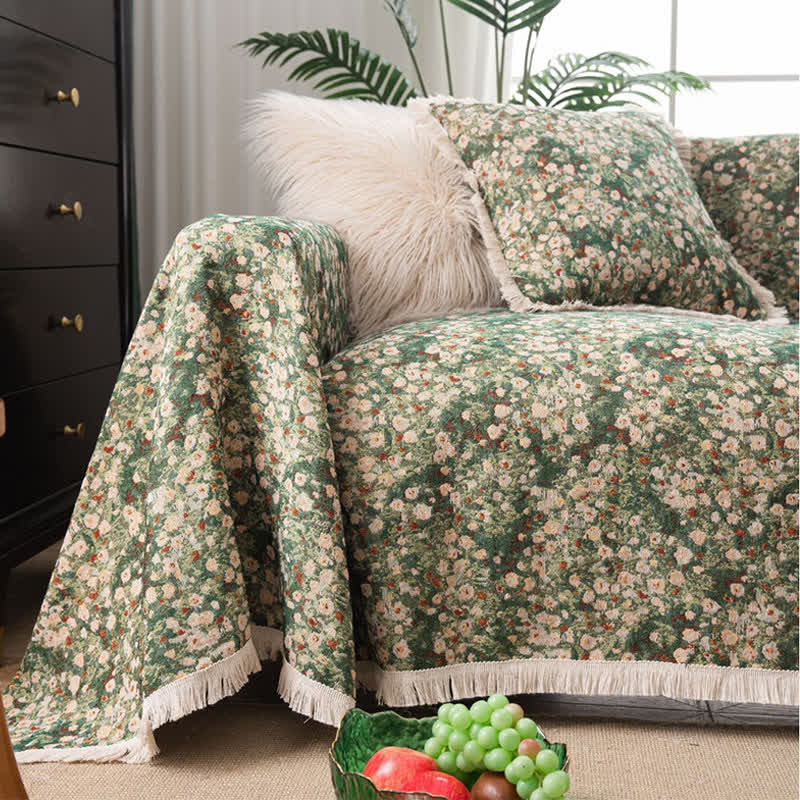 Green Floral Farmhouse Sofa Cover with Decorative Tassels