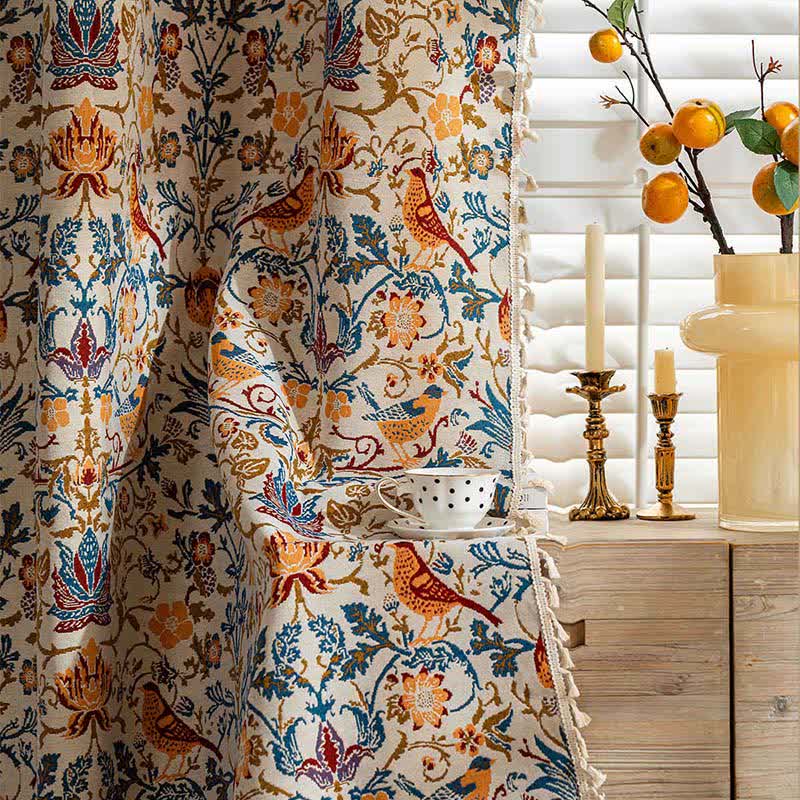 Vintage Botanical Bird Tassel Curtain - image 4
