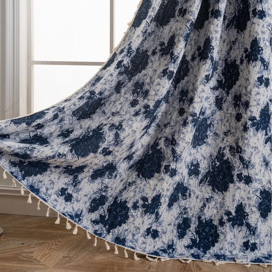 Blue Abstract Jacquard Tassel Curtains - Rod Pocket - 59" x 102" - image 1