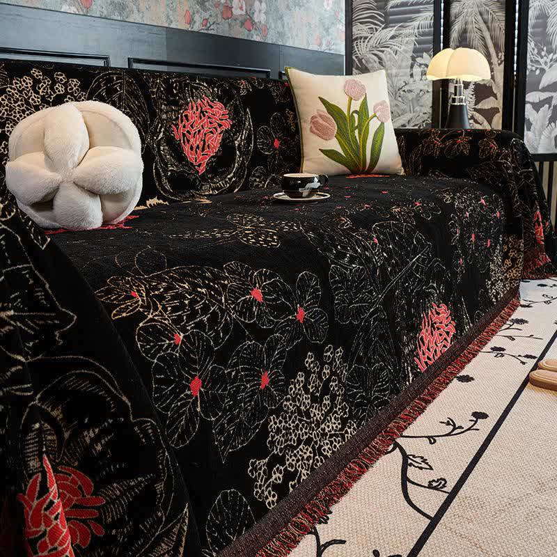 Pastoral Chenille Throw Blanket with Floral Motifs & Tassel Edges