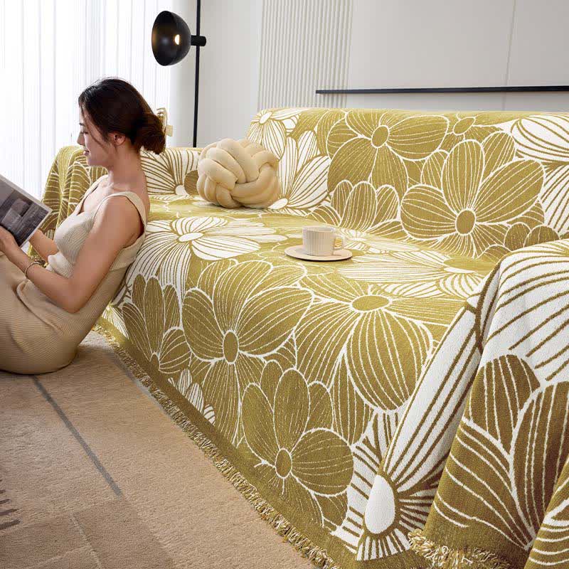 Ownkoti Chenille Jacquard Blooming Floral Sofa Protector - Ginger Yellow - 71" x 181" - image 0