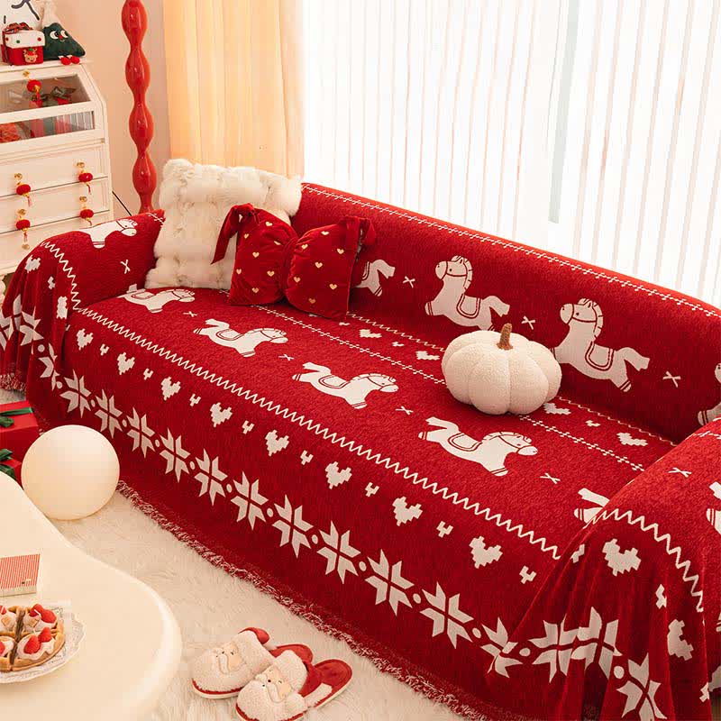 Ownkoti New Year Chenille Sofa Cover with Lucky Horse - 71" x 181" - image 0