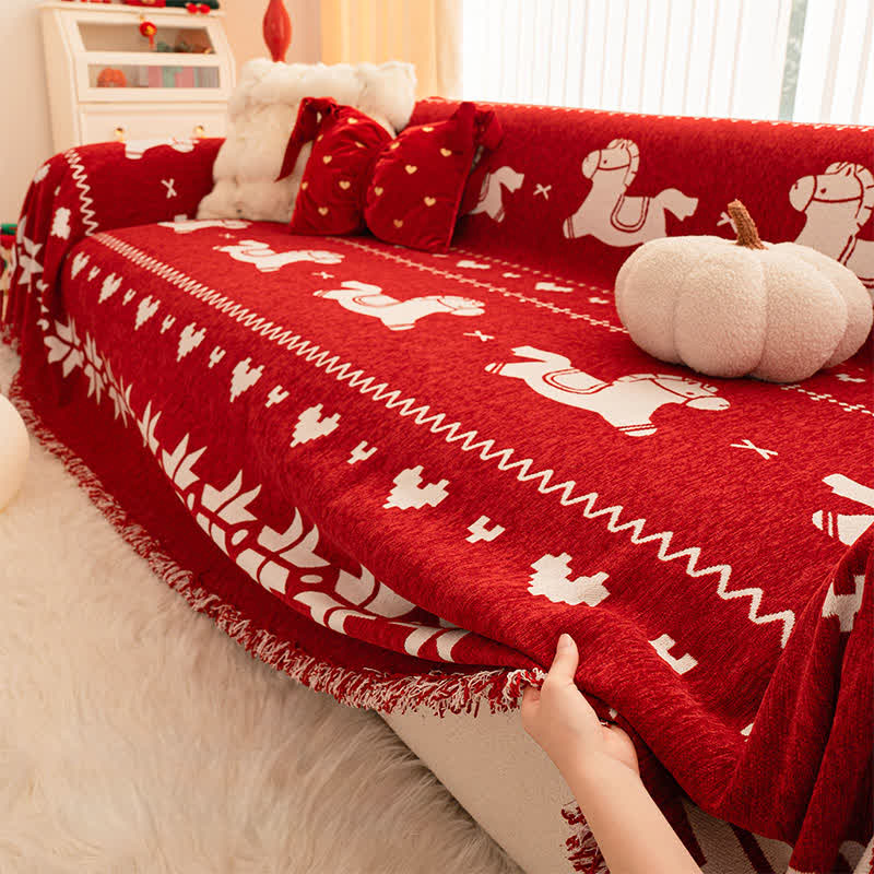 Ownkoti New Year Chenille Sofa Cover with Lucky Horse - image 2