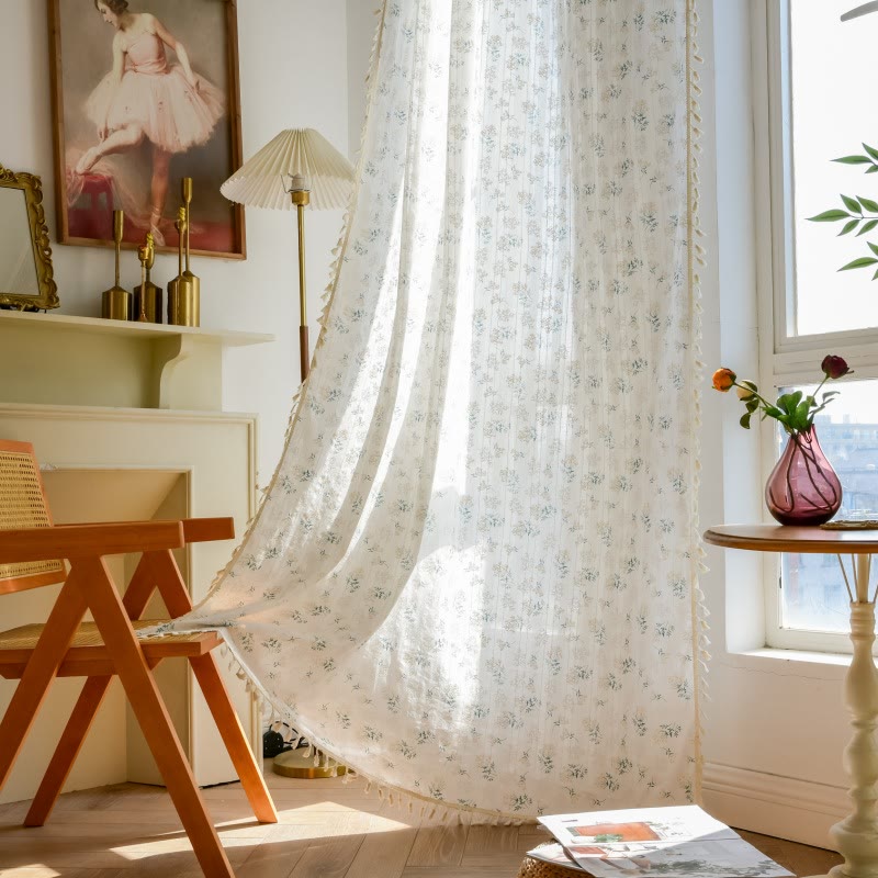 Ownkoti Refresh Floral Tassel Cotton Sheer Curtain - White - 55"W x 102"L - image 0