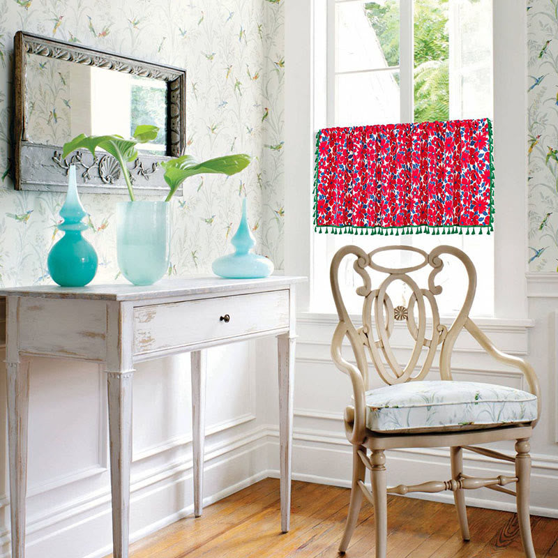 Red Flower Print Tassel Tier Curtain Curtains Ownkoti 2