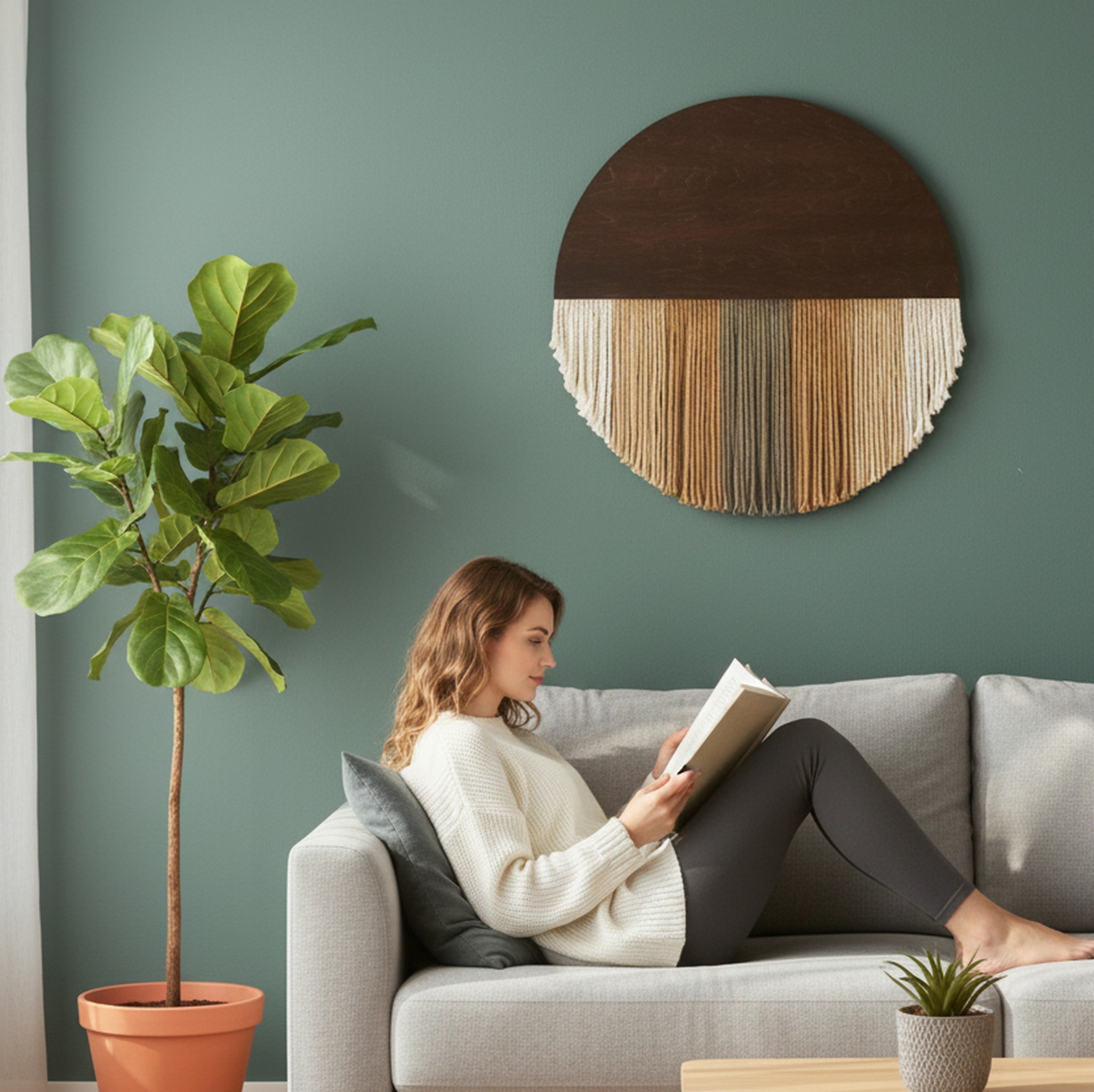 Lunar Memory Wall Hanging – Round Boho Fiber Moon Decor for Home V07