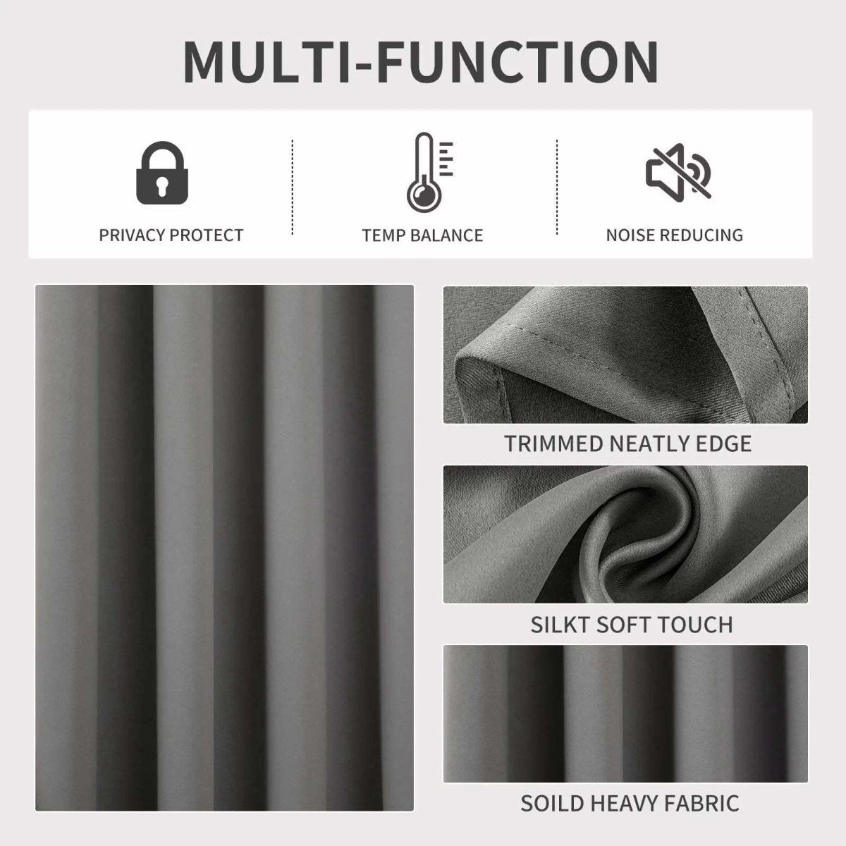 Joydeco blackout curtains: privacy, temp balance, noise reduction, neat edge, soft touch, heavy fabric.