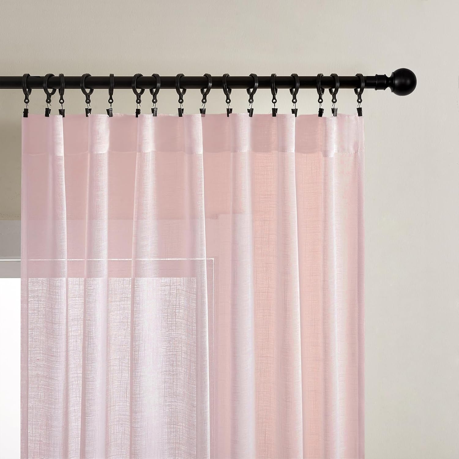 Joydeco tapioca beige sheer curtains 108 inches long with linen texture, light filtering for living room.